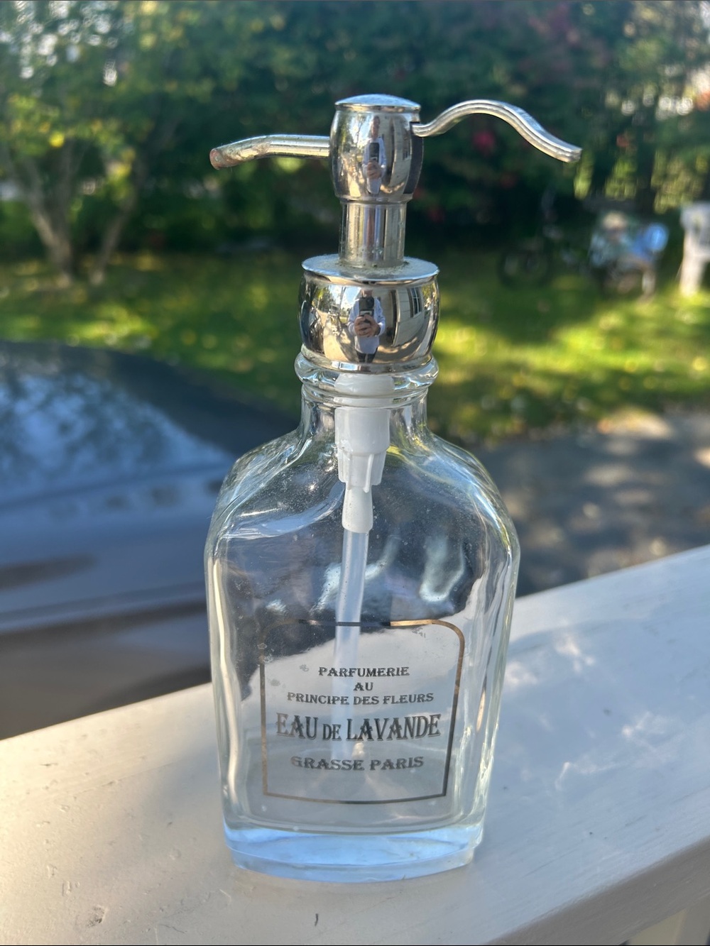 Vintage apothecary Parisian Eau de Lavande Glass Soap Dispenser with Silver Pump